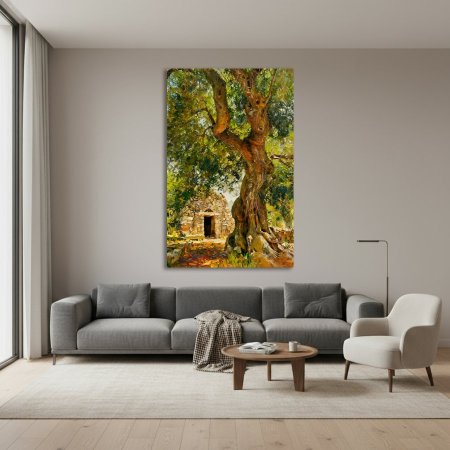 منظر طبيعي لبيت قديم وشجرة زيتون