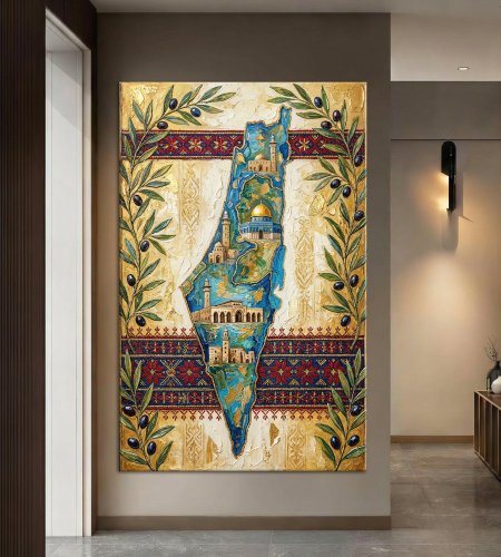 خارطة فلسطين وتطريز مع اغصان الزيتون ازرق وذهبي