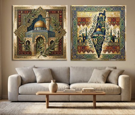 طقم ثنائي خارطة فلسطين والقدس وتطريز فلسطيني