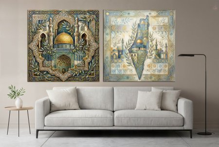 ثنائي زخارف وخارطة فلسطين وقبة الصخرة