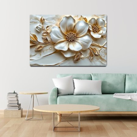 لوحة ورد ابيض وذهبي