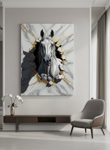 لوحة خيل ابيض وخلفية سكني وذهبي