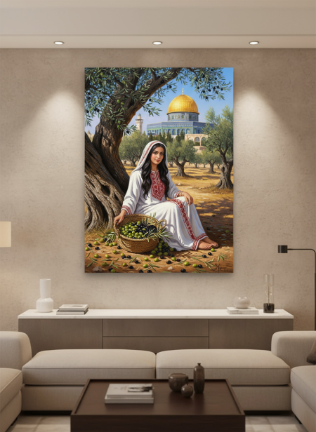 لوحة الفلاحة الفلسطينية بالثوب المطرز بجانب الاقصى في موسم قطف الزيتون
