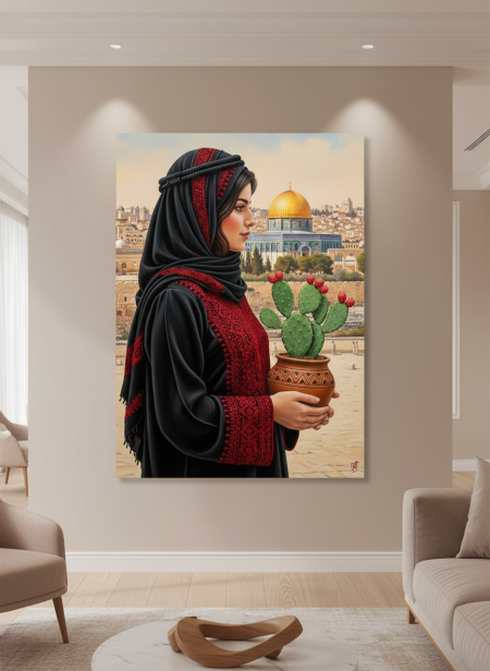 لوحة الفلاحة الفلسطينية بالثوب المطرز تحمل الصبار بجانب قبة الصخرة