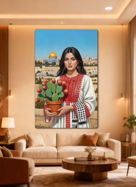 لوحة الفلاحة الفلسطينية تحمل الصبار بجانب الاقصى
