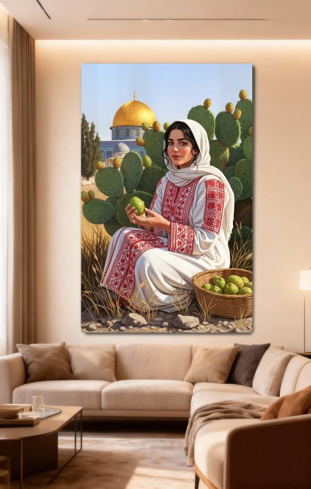لوحة الفلاحة الفلسطينية بجانب قبة الصخرة مع ثمار الصبر