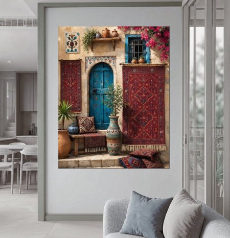 لوحة سجاد مع منزل قديم