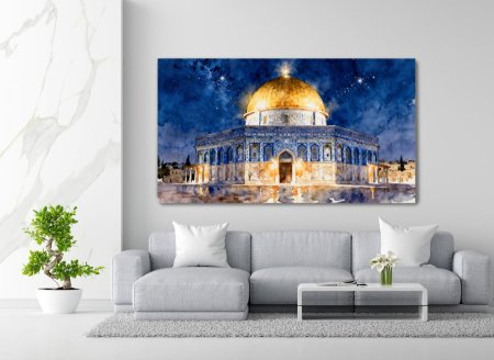 لوحة رسم مائي لقبة الصخرة بمشهد ليلي