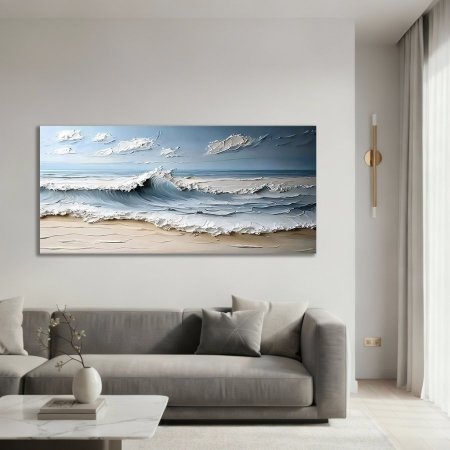 لوحة رسم موج البحر لون ابيض وازرق سماوي