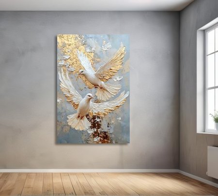 لوحة طيور لون ابيض وازرق وذهبي
