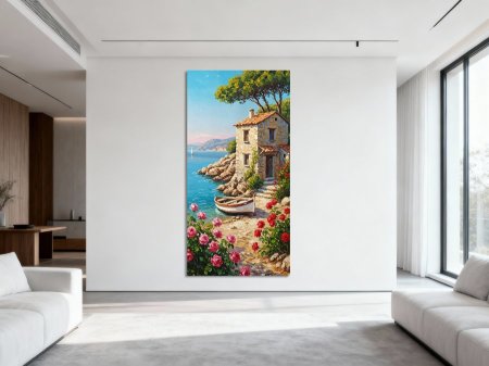 منظر طبيعي لقارب ومنزل حجر بقرب البحر