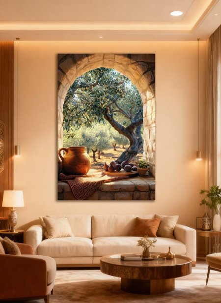 لوحة شجرة الزيتون وثمار التين على شباك حجري قديم
